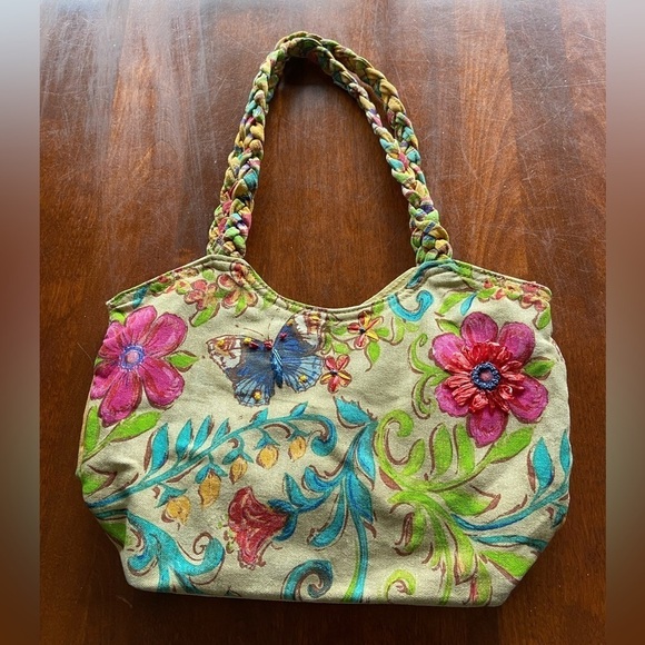 Kate McRostie Canvas Raffia Shoulder Bag Butterfly Flower - Picture 1 of 15